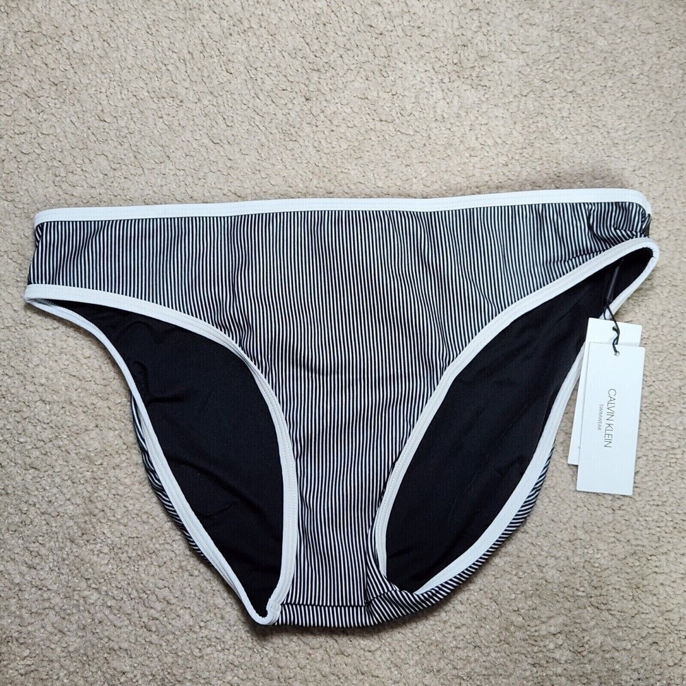 Calvin Klein Ribbed Swimsuit Bottoms Striped Bikini White Trim Women Size XL NWT
